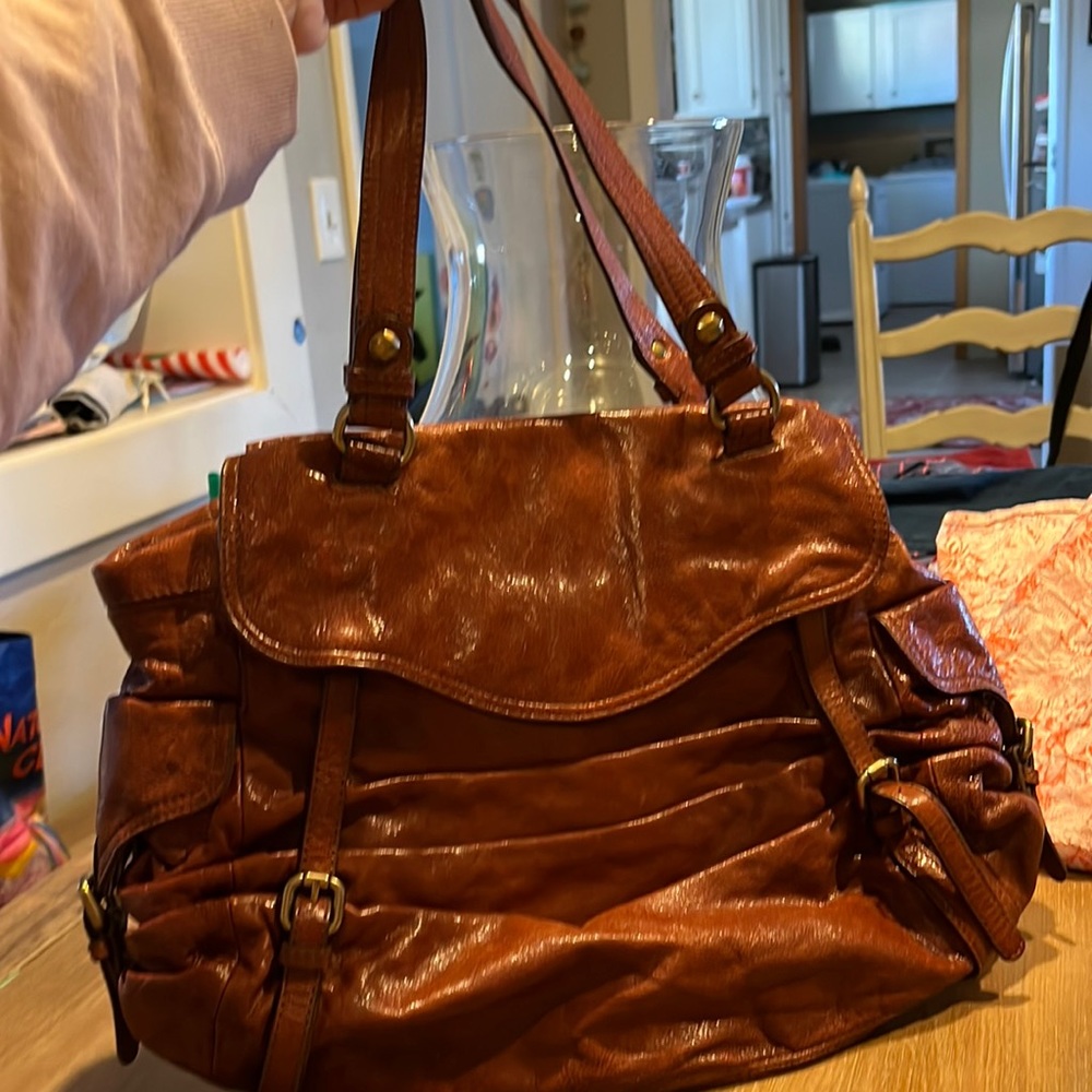 Kooba Whiskey Brown Leather Outside Pockets Shoulder Bag Purse. Like new